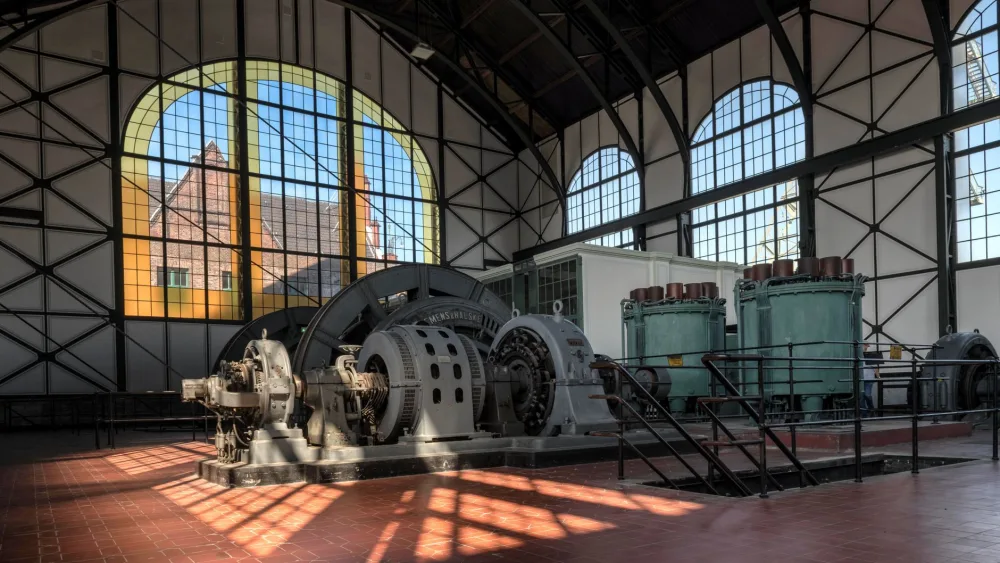 Interior view of historic machinery at LWL Industrial Museum in Dortmund, Germany.