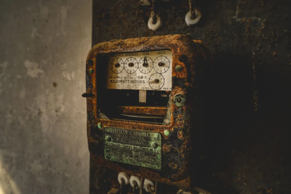 An old, rust-covered kilowatt-hour meter showcasing vintage industrial technology and nostalgia.
