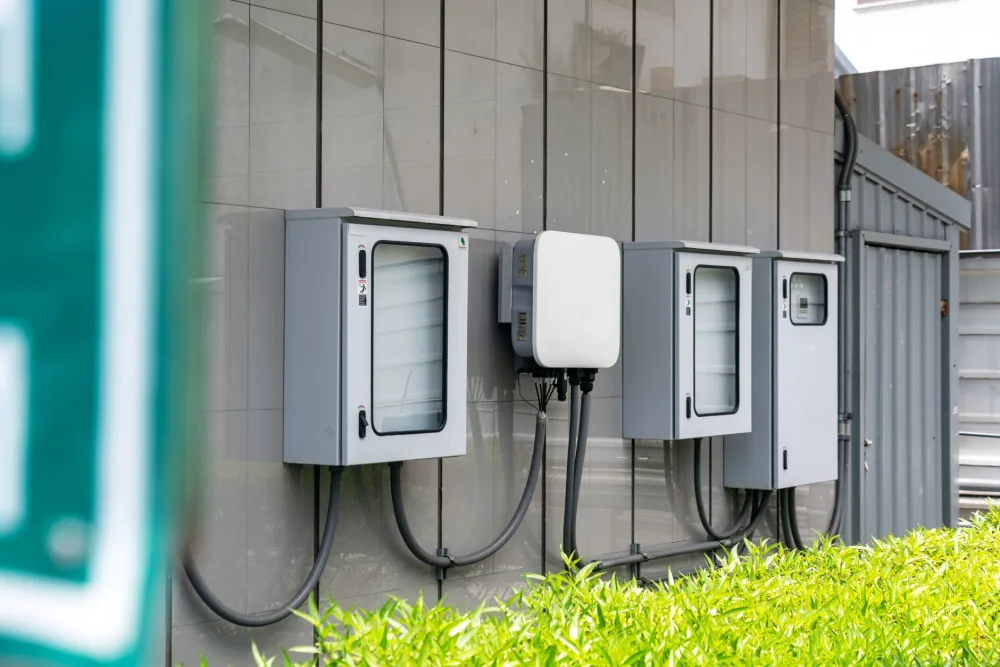 Close-up of outdoor electrical utility boxes with cabling on a building exterior.